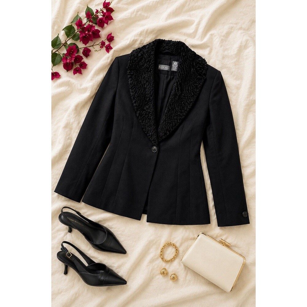 Kate Hill Black Wool Cashmere Blazer Size 14 Faux Fur Collar